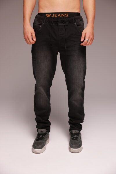 ג'ינס דרופ קרוץ' שחור עם חגורה אלסטית מבית W JEANS