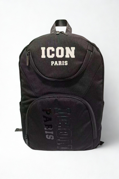 תיק גב שחור עם מיתוג בולט מבית ICON PARIS, שני תאים בחזית התיק ותא גדול מרווח, מושלם ללימודים ולעבודה.