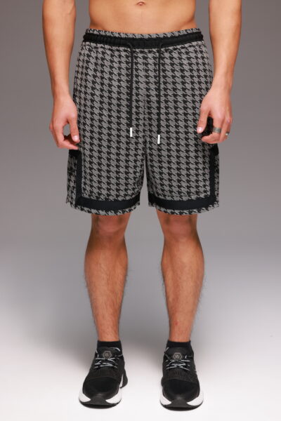 מכנס קצר לגבר עם הדפס Houndstooth בשחור ואפור של ROBERTO VINO, כולל שרוך שחור ופסי צד.