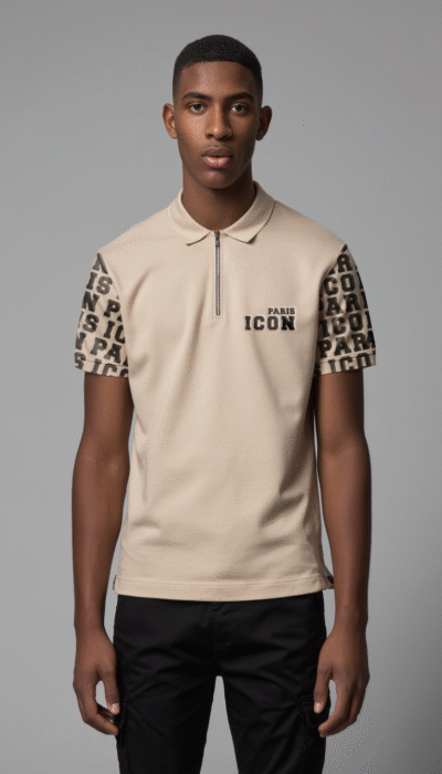 חולצת פולו בז' עם רוכסן ושרוולים מודפסים מבית ICON PARIS.