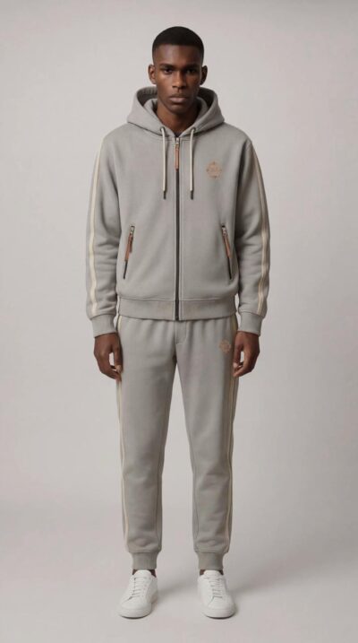 חליפת טרנינג לגבר ROBERTO VINO בצבע אפור, עם קפוצ'ון ורוכסן, פסי צד אלגנטיים ומכנס תואם.