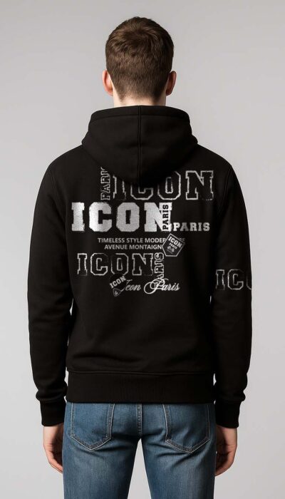 קפוצ’ון שחור לגבר ICON PARIS עם הדפס כסוף בחזה, כיס קנגורו וקפוצ’ון מתכוונן. הדפסים גדולים בגוון כסוף לכל אורך הגב.
