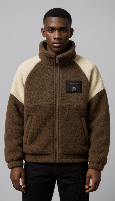 מעיל פליז דו־צבעי לגבר Roberto Vino בצבע חום־בז' עם רוכסן מלא ולוגו מודגש בחזית ובגב.