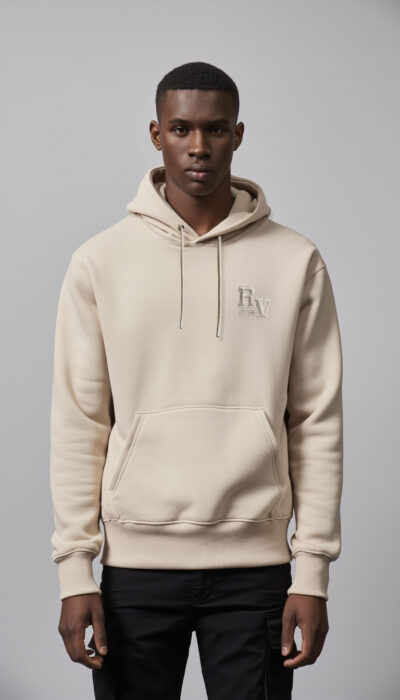 קפוצ’ון גברי בצבע בז’ של ROBERTO VINO עם רקמה קדמית ורקמה גדולה בגב.