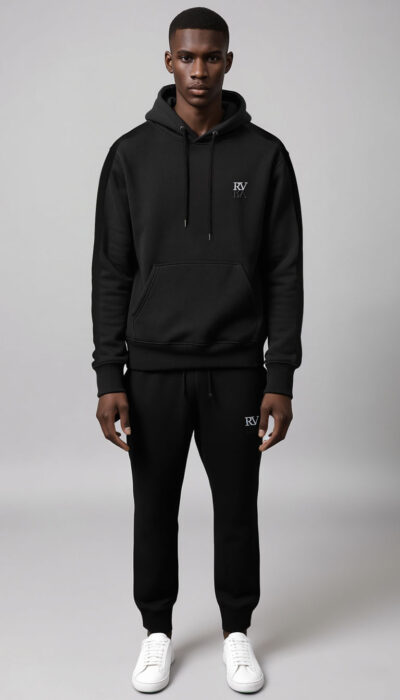 חליפת טרנינג שחורה לגבר של ROBERTO VINO – קפוצ'ון עם לוגו RV ומכנס תואם.