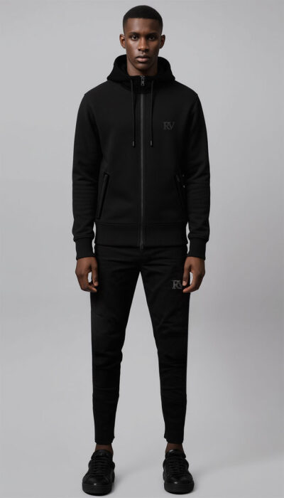 חליפת טרנינג שחורה של ROBERTO VINO – קפוצ׳ון ומכנס תואמים בעיצוב נקי ויוקרתי.