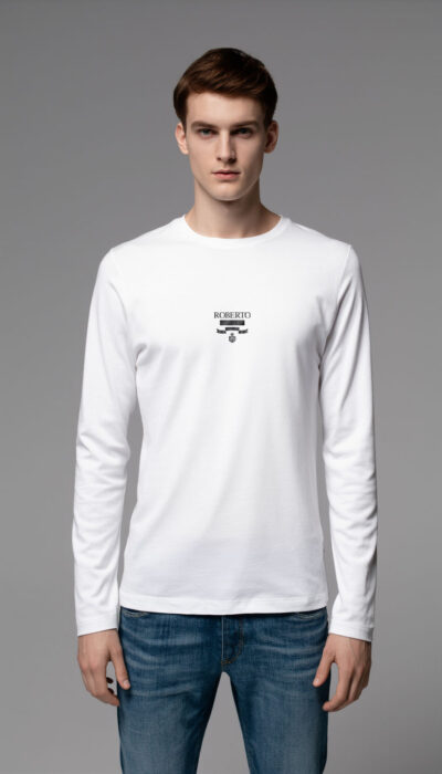 חולצה ארוכה לבנה לגבר עם לוגו מנימליסטי מודפס בחזית מביתROBERTO VINO