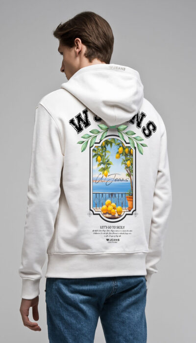 קפוצ'ון לבן לגבר W JEANS עם הדפס לימונים סיציליאני בגב ובחזית.