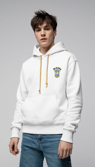 קפוצ'ון לבן לגבר W JEANS עם הדפס לימונים סיציליאני בגב ובחזית.