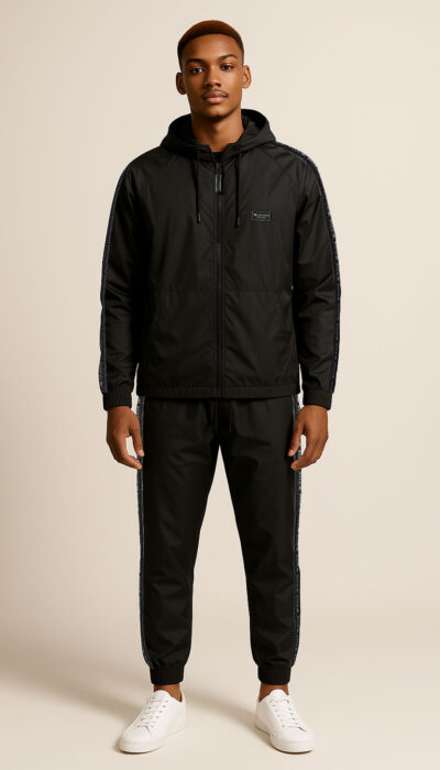 חליפת טרנינג לגבר W JEANS בצבע שחור – ז’קט קפוצ’ון עם רוכסן ומכנס תואם עם פסי לוגו.