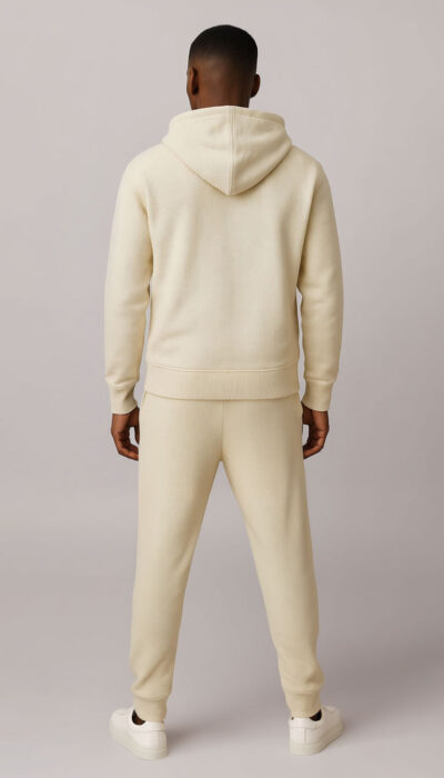 חליפת טרנינג לגבר בצבע בז׳ של W JEANS עם קפוצ׳ון ומכנס תואם – צילום קדמי.