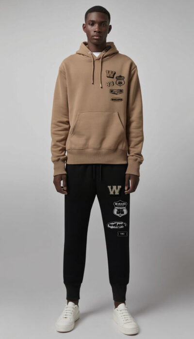 חליפת טרנינג W JEANS לגבר – קפוצ'ון אלמונד עם הדפסי W ומכנס שחור עם הדפס בצד.