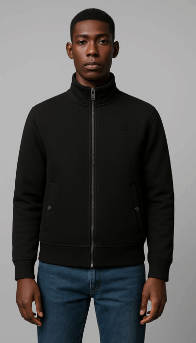 ג'קט שחור לגבר עם רוכסן מלא, ולוגו קטן בחזה מבית W JEANS.