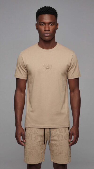 טי שירט בז' לגבר מבית ROBERTO VINO עם לוגו RV מובלט בחזית ועיצוב מינימליסטי