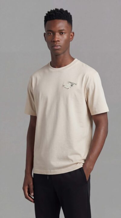 טי שירט בז' לגבר מבית ROBERTO VINO עם פאץ' לוגו קדמי והדפס ROBERTO VINO ו-MILANO בגב החולצה