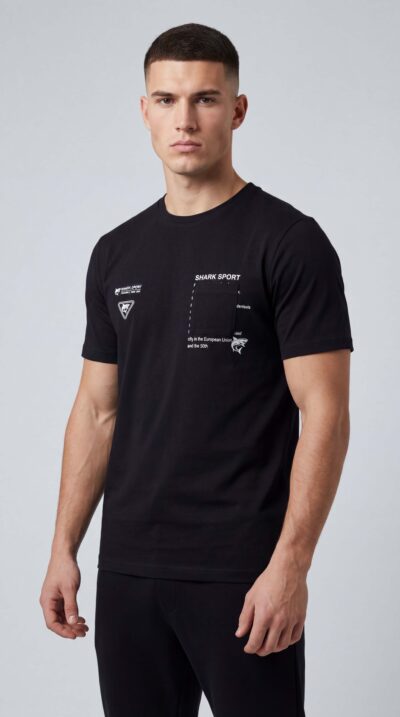 טי שירט שחורה של SHARK SPORT עם הדפסי לוגו בחזית ודמוי כיס, עשוי בד כותנה עם לייקרה בגזרה ספורטיבית ונוחה.