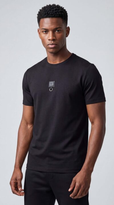 טי שירט שחורה SHARK SPORT לגבר עם פאץ’ לוגו וטבעת מתכת בחזה.