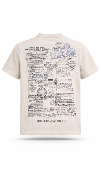 טי שירט לגברים ROBERTO VINO בצבע אבן עם הדפס לוגו בחזה והדפס גרפי גדול בגב.
