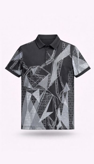 חולצת פולו שחורה לגברים מבית ROBERTO VINO עם הדפס גאומטרי בגווני אפור וצווארון פולו עם כפתורים.