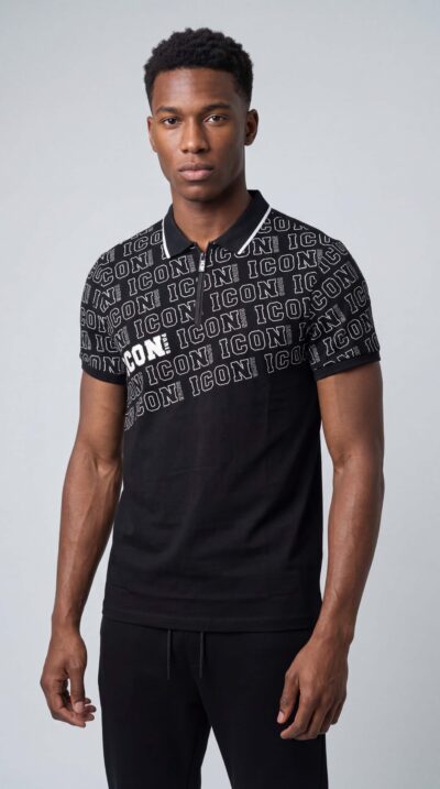 חולצת פולו לגבר ICON PARIS שחורה עם הדפס חוזר בחלק העליון בחזית ובשרוולים, וסגירת רוכסן.