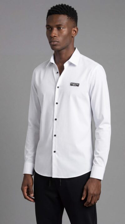 חולצה מכופתרת לבנה לגבר של ROBERTO VINO עם לוגו ממותג בגב ובחזית, גזרה מחויטת ושרוולים ארוכים.