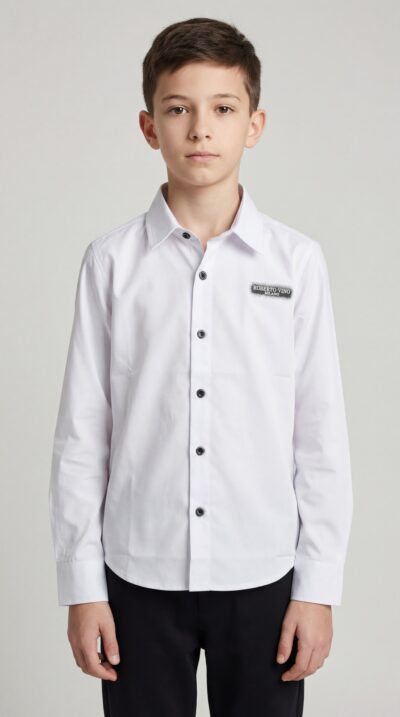 חולצה מכופתרת של ROBERTO VINO לילדים בצבע לבן עם לוגו בחזית והדפס המותג בגב.