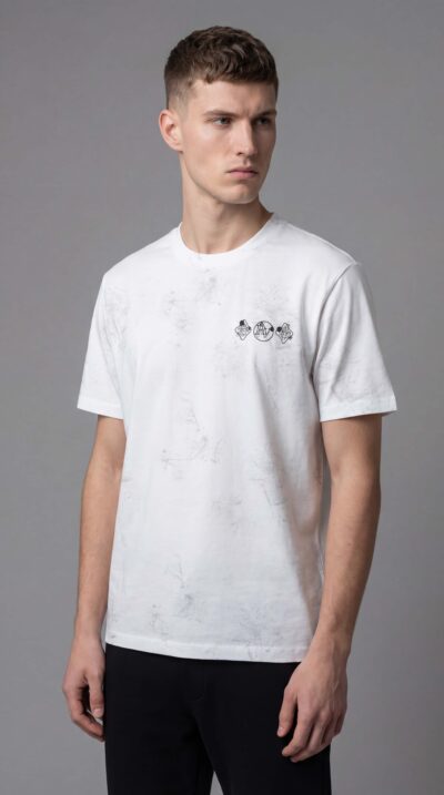 טי־שירט לבנה של ROBERTO VINO עם הדפס לוגו קדמי קטן והדפס גב גדול MILANO מבד כותנה ולייקרה.