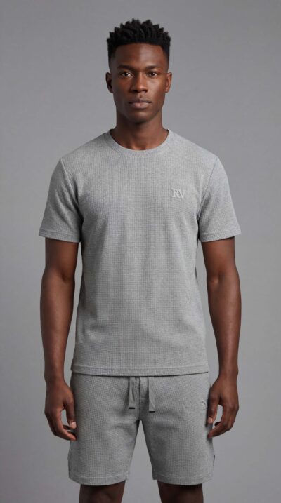 טי שירט אפורה לגבר מבית ROBERTO VINO עם טקסטורת בד עדינה ולוגו RV בחזית החולצה.