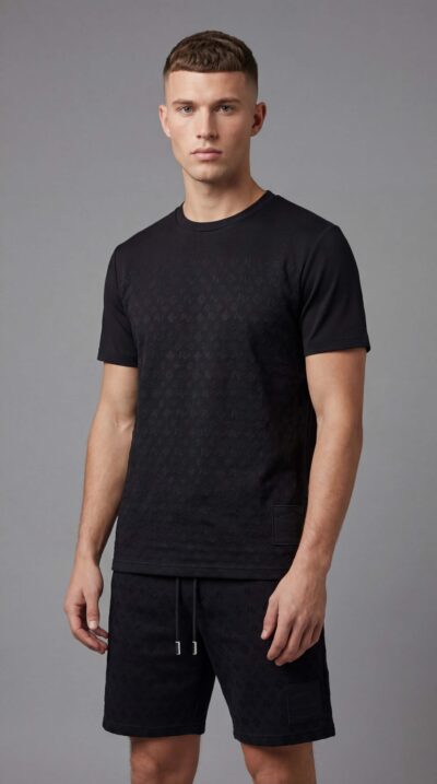 טי שירט שחורה לגבר מבית ROBERTO VINO עם הדפס מונוגרמה RV על כל הבד ופאץ' לוגו קדמי