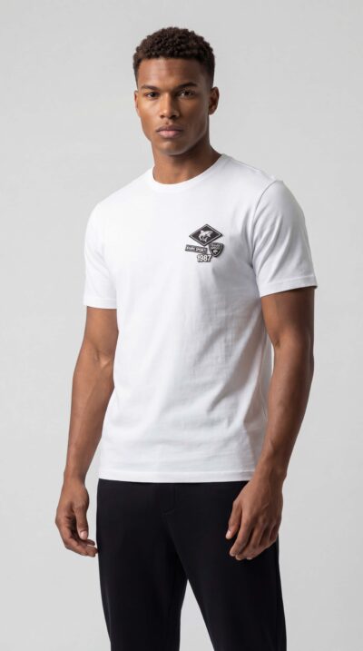 טי שירט לבנה SHARK SPORT לגבר עם לוגו בחזית, בד כותנה עם לייקרה.