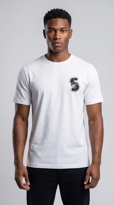 טי שירט של SHARK SPORT לבנה עם לוגו קדמי קטן והדפס גדול בגב, בד כותנה עם לייקרה בגזרה ספורטיבית.