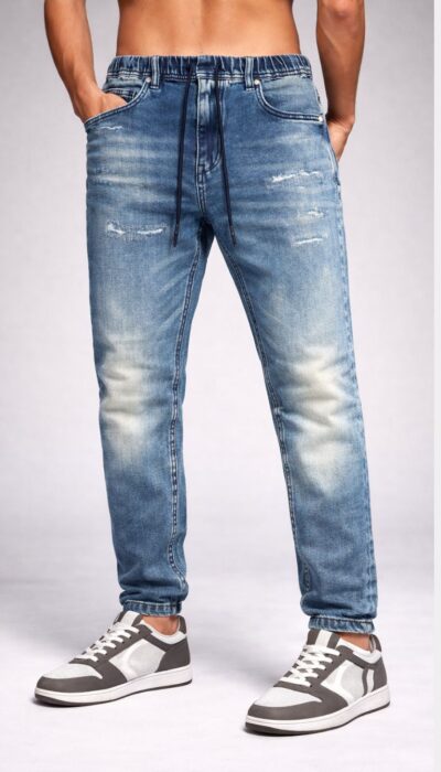 מכנס ג׳ינס כחול בשטיפת דנים אופנתית של W JEANS בגזרה צרה עם מותן אלסטית ושרוך קשירה.