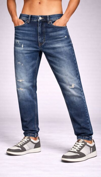 מכנס ג'ינס של W JEANS לגבר בצבע כחול דנים עם שטיפות ואפקט שחיקה, כולל כיסים צדדיים ואחוריים.