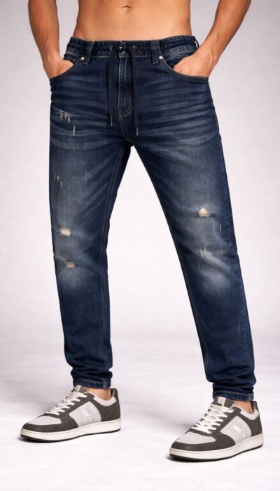 מכנס ג'ינס W JEANS לגבר בצבע כחול דנים, כולל כיסים צדיים ואחורים, עם שטיפות ואפקט שחיקה.