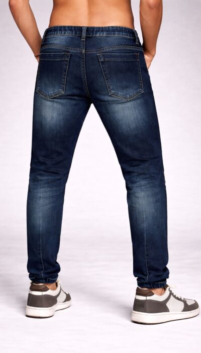 מכנס ג'ינס W JEANS לגבר בצבע כחול דנים, כולל כיסים צדיים ואחורים, עם שטיפות ואפקט שחיקה.