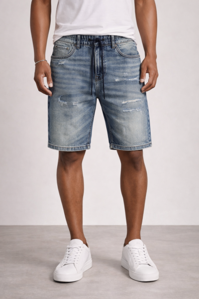 מכנס ברמודה ג'ינס לגברים מבית W JEANS עם גומי ושרוך במותן ועיצוב דנים עם אפקט שטיפה.